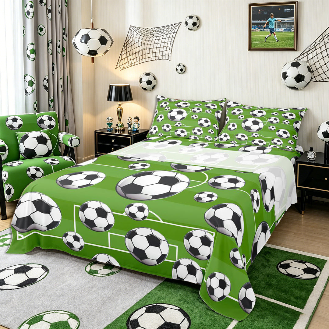 Meiyoeat Sporty Soccer Ball Pattern Bed Sheets 4-Piece for Teens, Playful Football Field Print Full Size Sheets for Bedroom, Green Black White