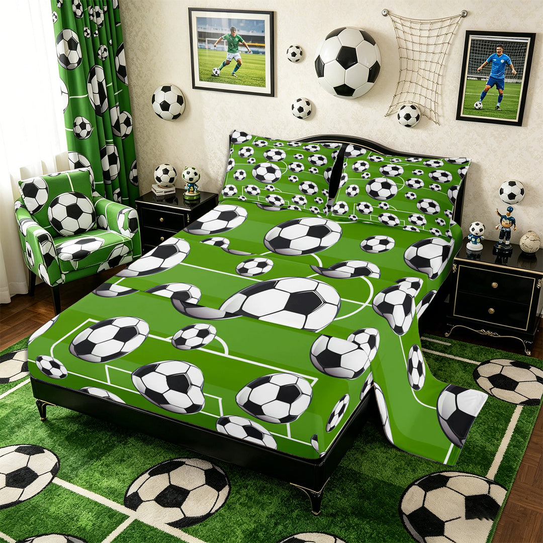 Meiyoeat Sporty Soccer Ball Pattern Bed Sheets 4-Piece for Teens, Playful Football Field Print Full Size Sheets for Bedroom, Green Black White