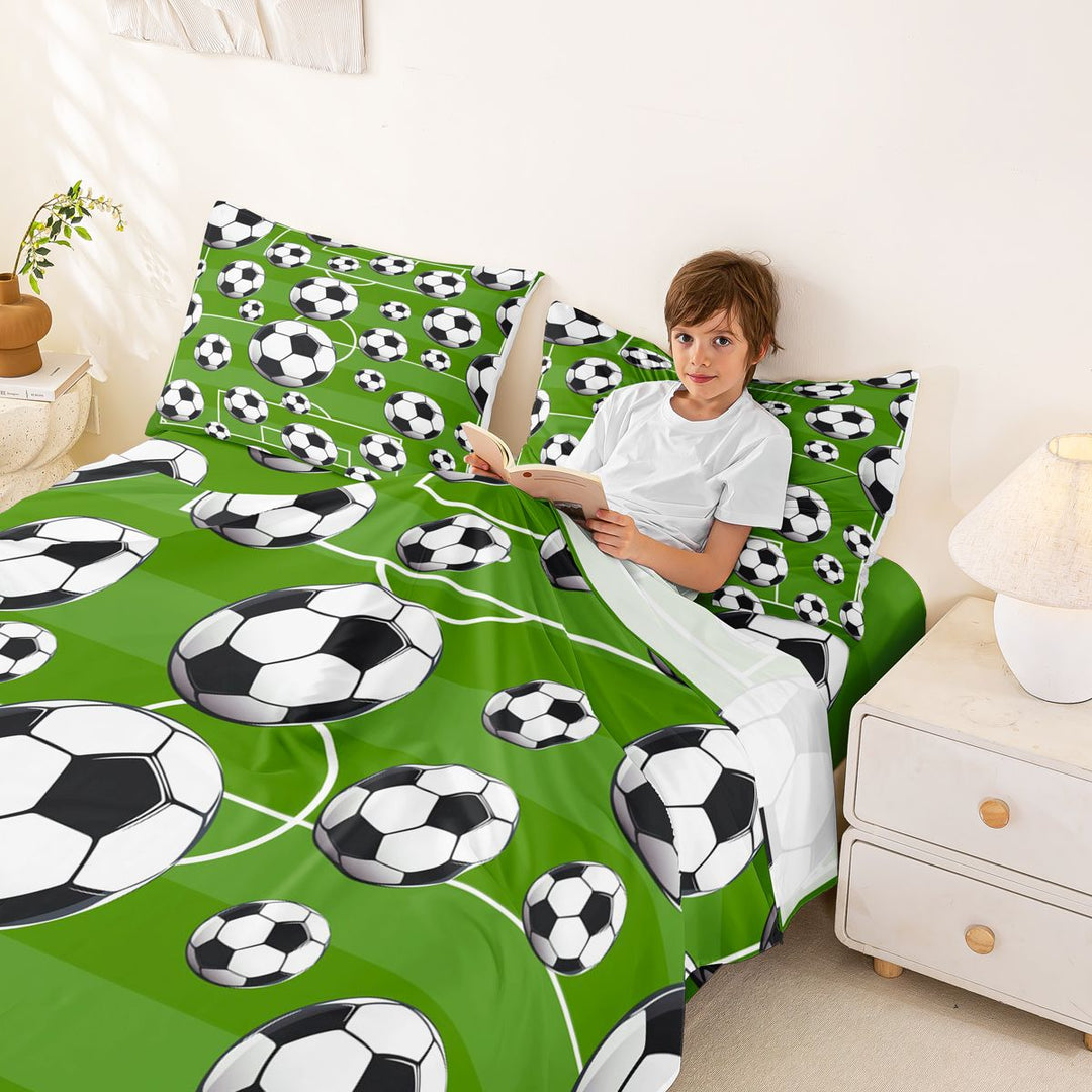 Meiyoeat Sporty Soccer Ball Pattern Bed Sheets 4-Piece for Teens, Playful Football Field Print Full Size Sheets for Bedroom, Green Black White