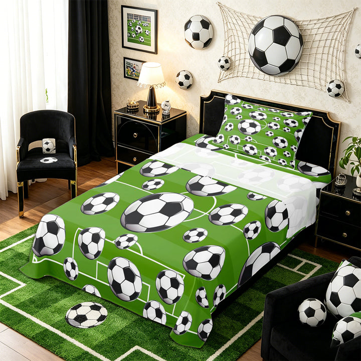 Meiyoeat Sporty Soccer Ball Pattern Bed Sheets 4-Piece for Teens, Playful Football Field Print Full Size Sheets for Bedroom, Green Black White