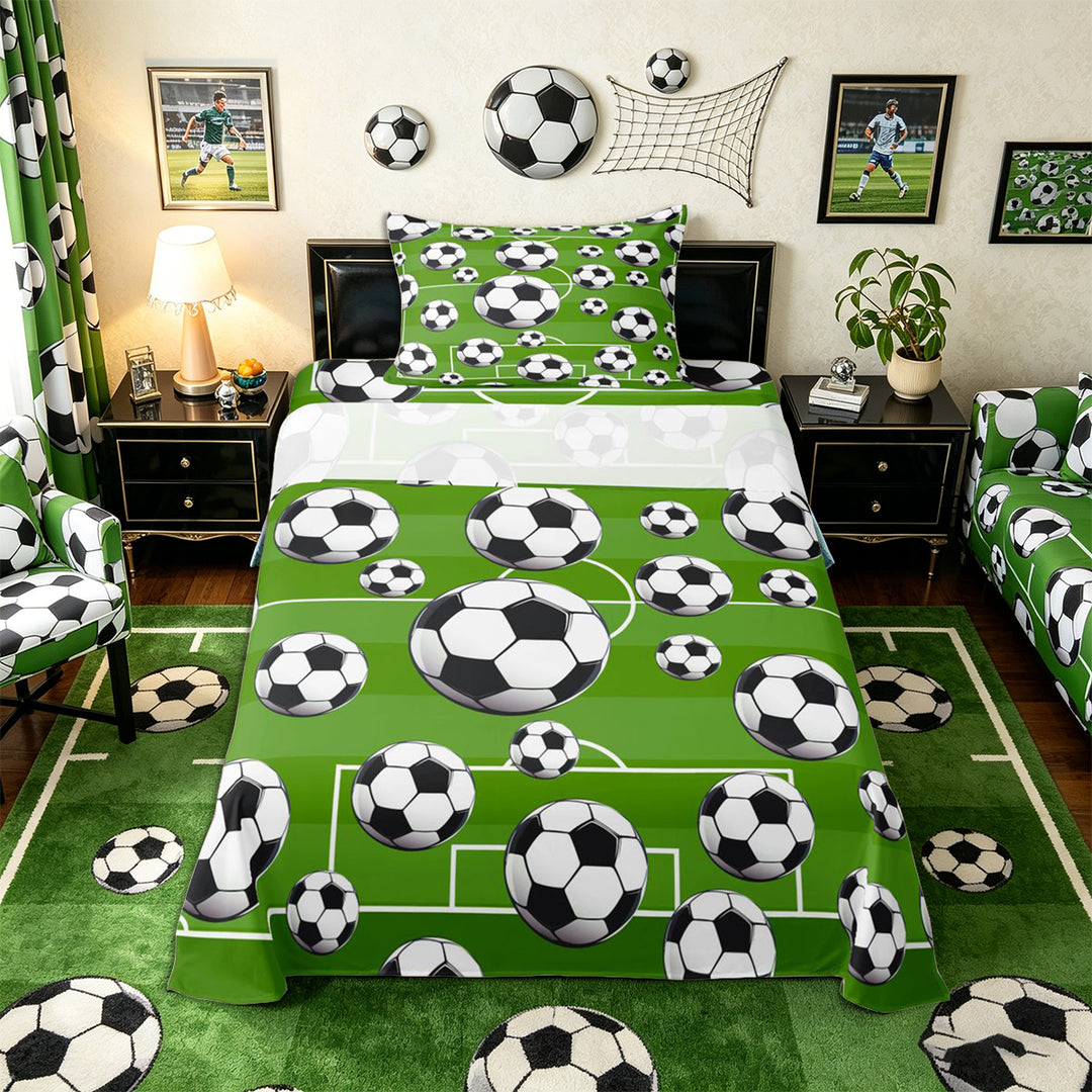 Meiyoeat Sporty Soccer Ball Pattern Bed Sheets 4-Piece for Teens, Playful Football Field Print Full Size Sheets for Bedroom, Green Black White