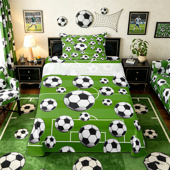 Meiyoeat Sporty Soccer Ball Pattern Bed Sheets 4-Piece for Teens, Playful Football Field Print Full Size Sheets for Bedroom, Green Black White