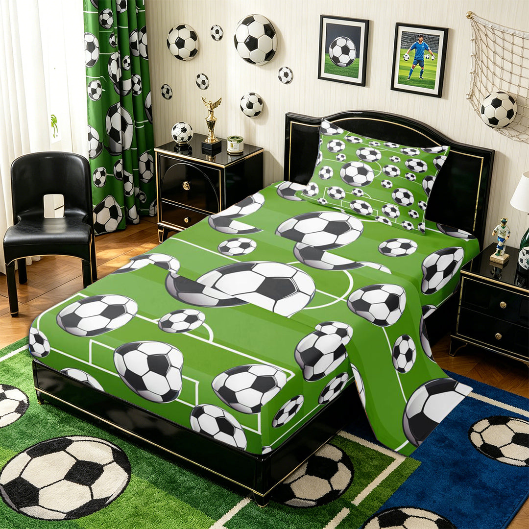 Meiyoeat Sporty Soccer Ball Pattern Bed Sheets 4-Piece for Teens, Playful Football Field Print Full Size Sheets for Bedroom, Green Black White