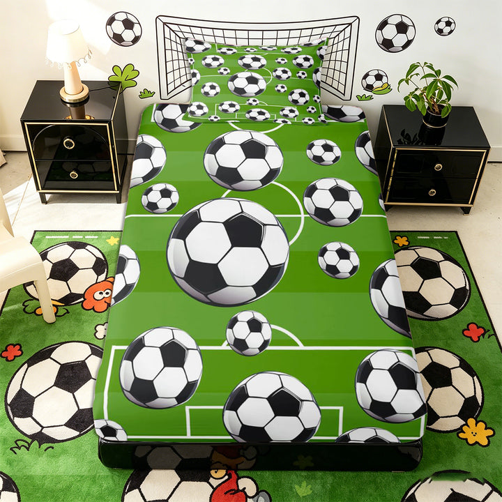 Meiyoeat Sporty Soccer Ball Pattern Bed Sheets 4-Piece for Teens, Playful Football Field Print Full Size Sheets for Bedroom, Green Black White