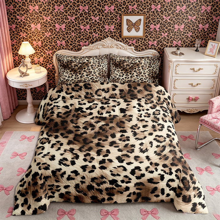 Meiyoeat Retro Leopard Print King Size Comforter Sets 3pcs, Furry Animal Pattern Comforters King Size, Beige Brown,Black Reversible