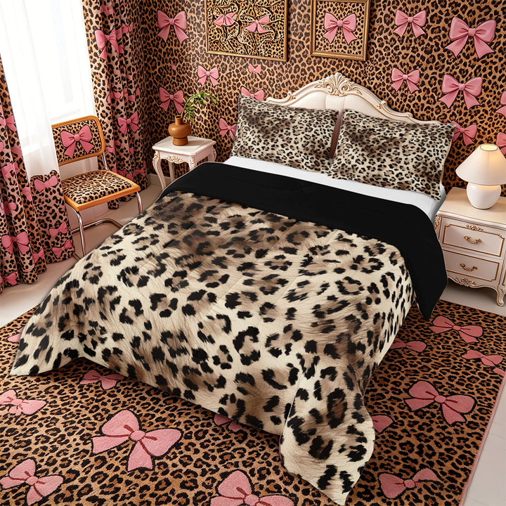 Meiyoeat Retro Leopard Print King Size Comforter Sets 3pcs, Furry Animal Pattern Comforters King Size, Beige Brown,Black Reversible