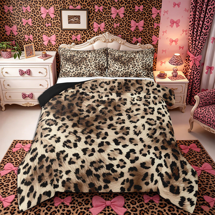 Meiyoeat Retro Leopard Print King Size Comforter Sets 3pcs, Furry Animal Pattern Comforters King Size, Beige Brown,Black Reversible