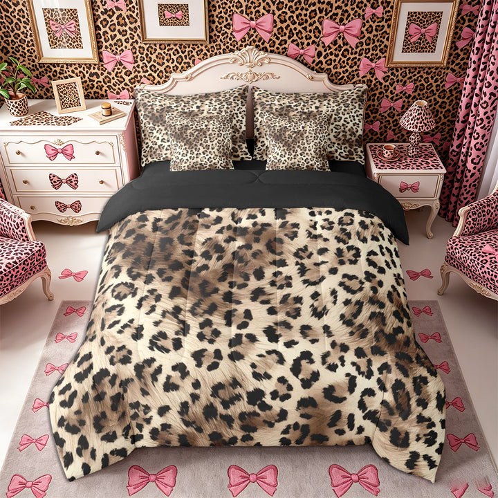 Meiyoeat Retro Leopard Print King Bedding 7pcs, Furry Animal Pattern King Bed in a Bag, Beige Brown,Black Reversible