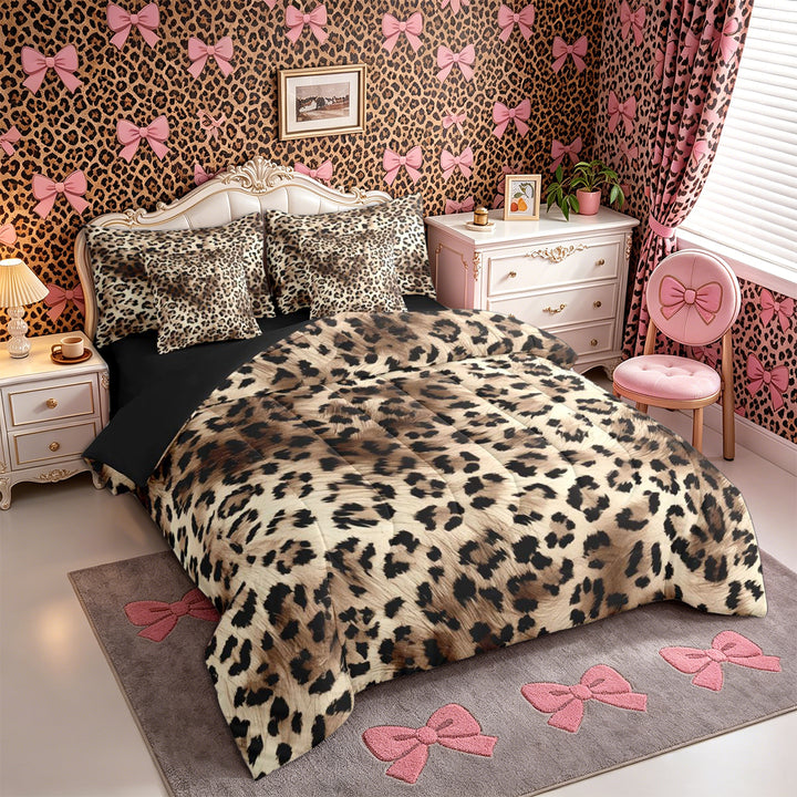 Meiyoeat Retro Leopard Print King Bedding 7pcs, Furry Animal Pattern King Bed in a Bag, Beige Brown,Black Reversible