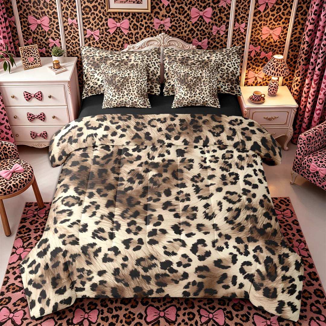 Meiyoeat Retro Leopard Print King Bedding 7pcs, Furry Animal Pattern King Bed in a Bag, Beige Brown,Black Reversible