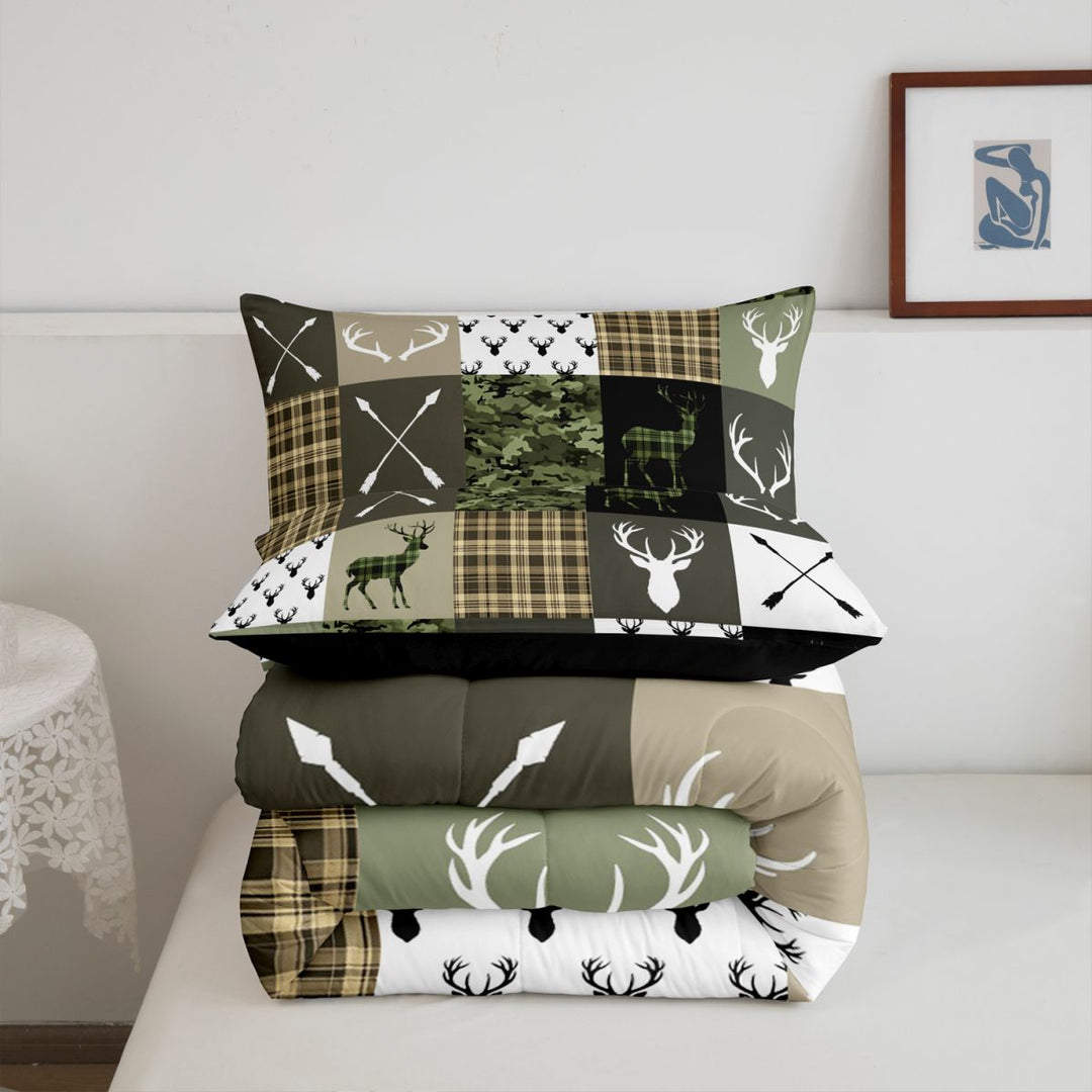 meiyoeat Rustic Patchwork Deer King Size Comforter Sets For Boys,Vintage Farmhouse Camouflage Hunting Comforters King Size, Green Brown,Black Reversible,3pcs