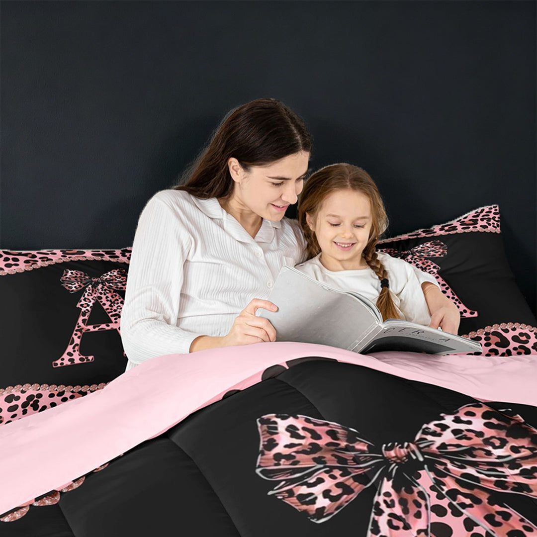 meiyoeat Pink Leopard Print 7 Pieces Bedding Comforter Set For Girls,Chic Cheetah Bow Monogram A Full Bedding Set For Kids,pink Reversible