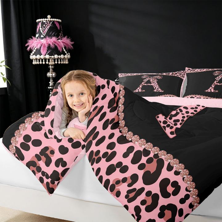 meiyoeat Pink Leopard Print 7 Pieces Bedding Comforter Set For Girls,Chic Cheetah Bow Monogram A Full Bedding Set For Kids,pink Reversible