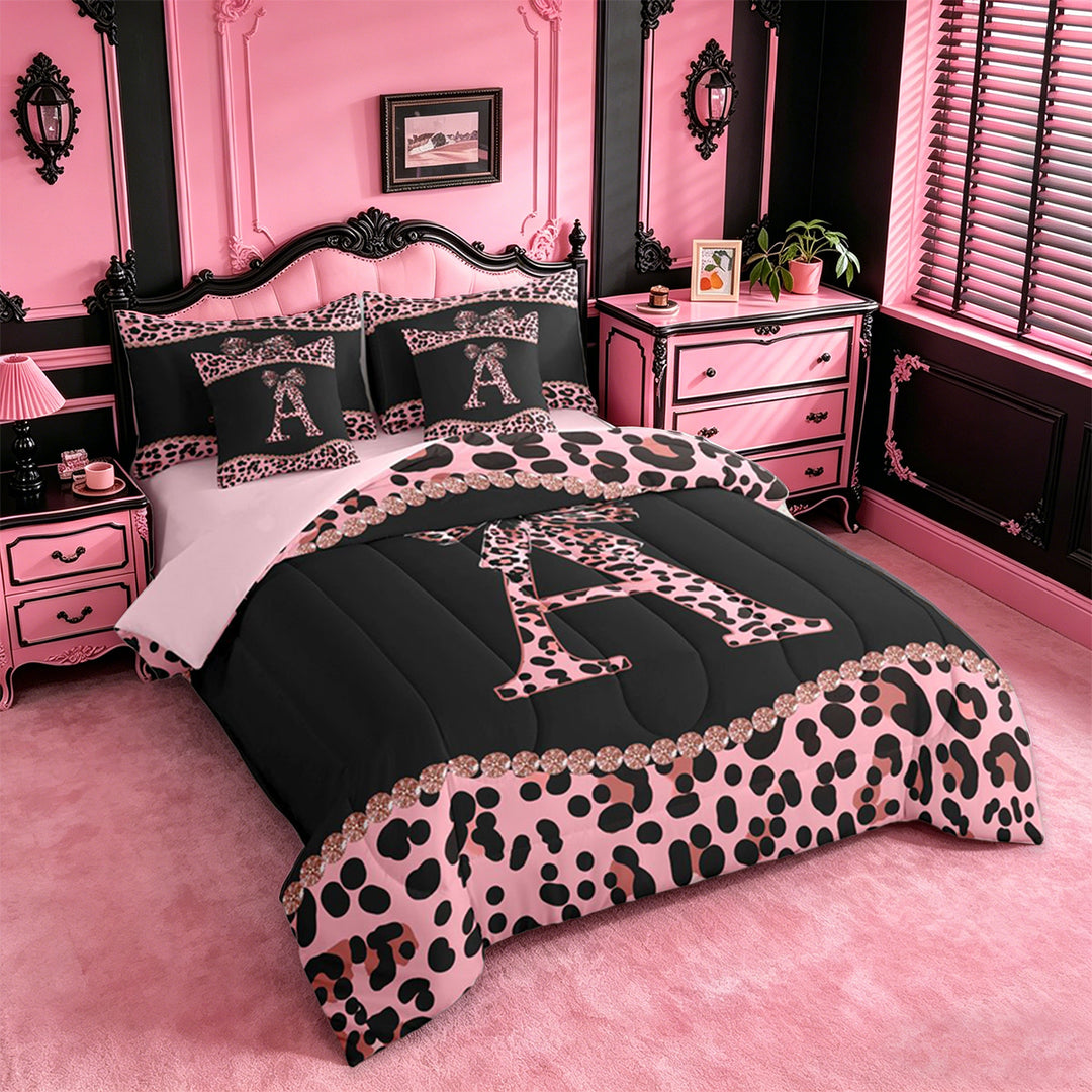 meiyoeat Pink Leopard Print 7 Pieces Bedding Comforter Set For Girls,Chic Cheetah Bow Monogram A Full Bedding Set For Kids,pink Reversible