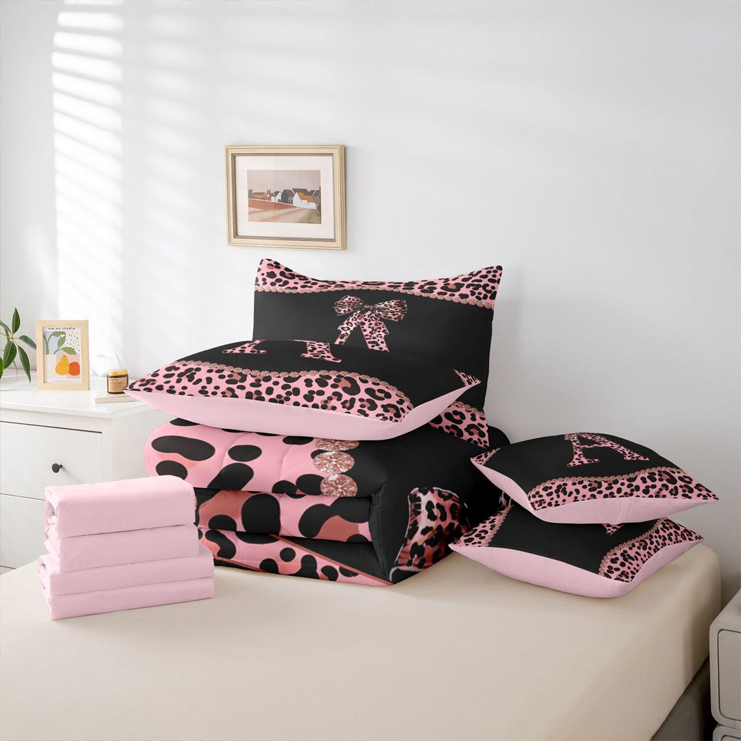 meiyoeat Pink Leopard Print 7 Pieces Bedding Comforter Set For Girls,Chic Cheetah Bow Monogram A Full Bedding Set For Kids,pink Reversible