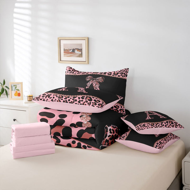 meiyoeat Pink Leopard Print 7 Pieces Bedding Comforter Set For Girls,Chic Cheetah Bow Monogram A Full Bedding Set For Kids,pink Reversible