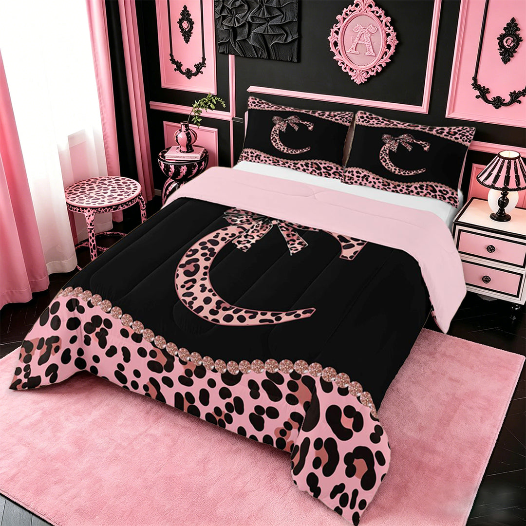 meiyoeat Cheetah Pattern Monogrammed C Full Size Comforter Sets For Kids,Pink Leopard Print Bow Bedding Sets For Girls,pink Reversible,3-Piece