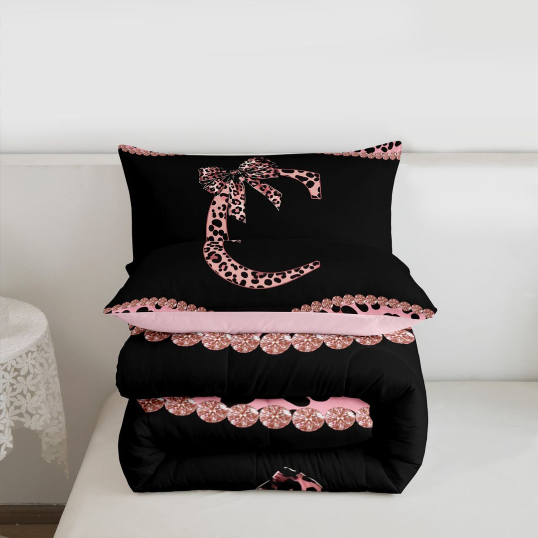 meiyoeat Cheetah Pattern Monogrammed C Full Size Comforter Sets For Kids,Pink Leopard Print Bow Bedding Sets For Girls,pink Reversible,3-Piece