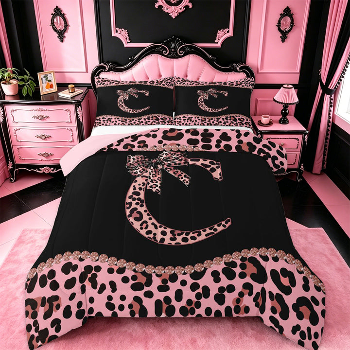 meiyoeat Cheetah Pattern Monogrammed C Full Size Comforter Sets For Kids,Pink Leopard Print Bow Bedding Sets For Girls,pink Reversible,3-Piece