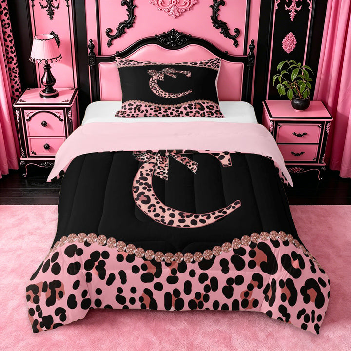 meiyoeat Cheetah Pattern Monogrammed C Full Size Comforter Sets For Kids,Pink Leopard Print Bow Bedding Sets For Girls,pink Reversible,3-Piece