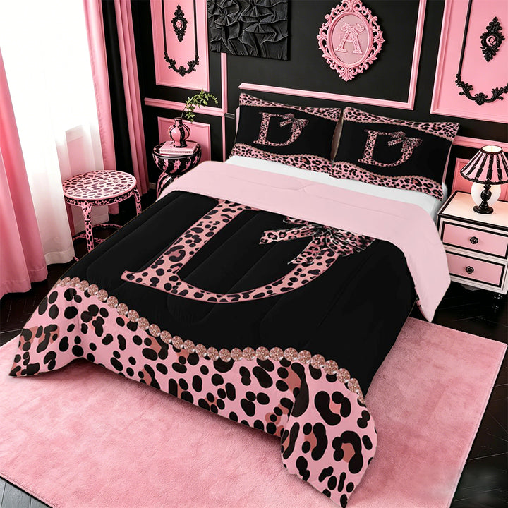 meiyoeat Leopard Pattern Alphabet D Print Full Size Comforter Sets For Girls,Pink Chic Bow Tie Bedding Sets For Kids,pink Reversible,3 Pieces