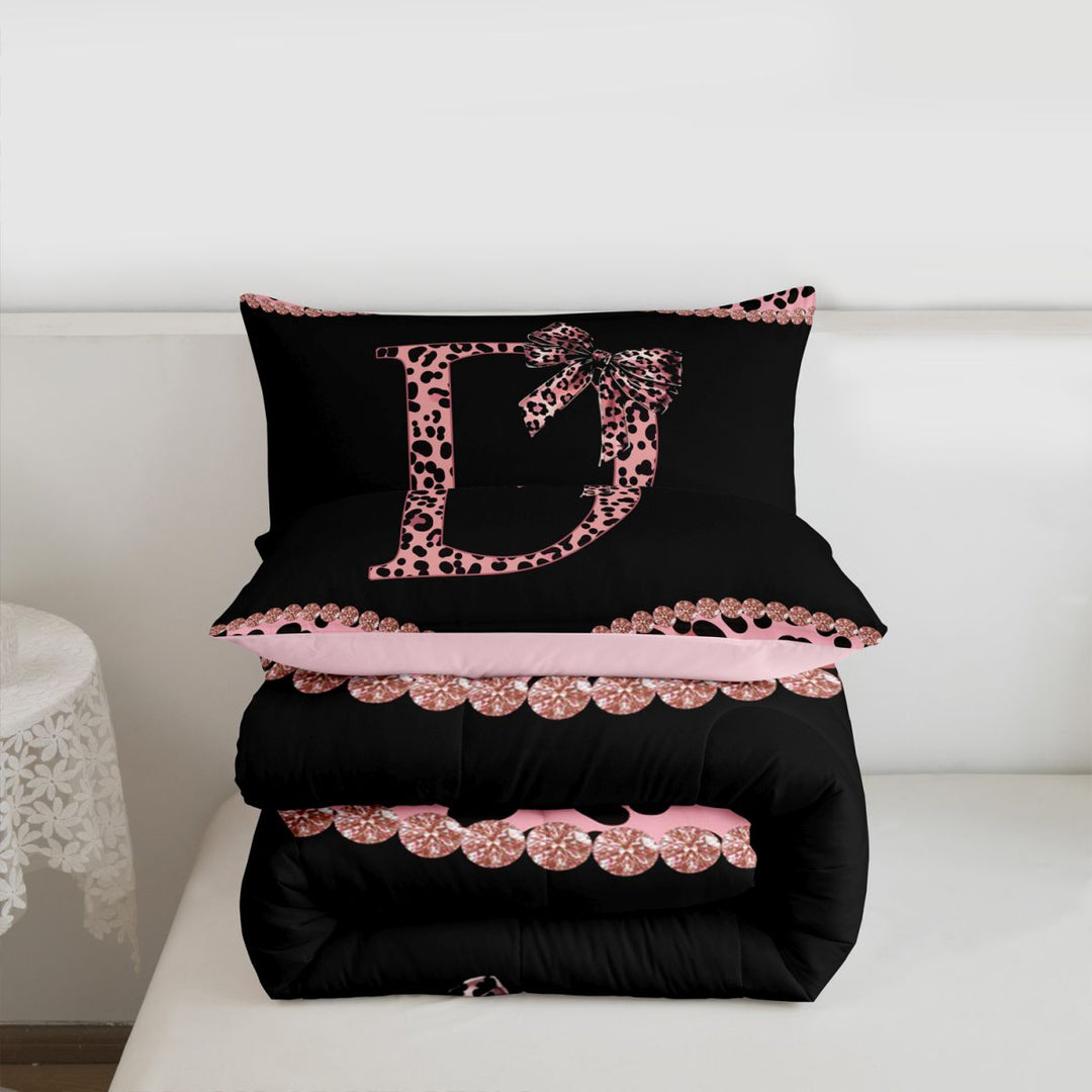 meiyoeat Leopard Pattern Alphabet D Print Full Size Comforter Sets For Girls,Pink Chic Bow Tie Bedding Sets For Kids,pink Reversible,3 Pieces