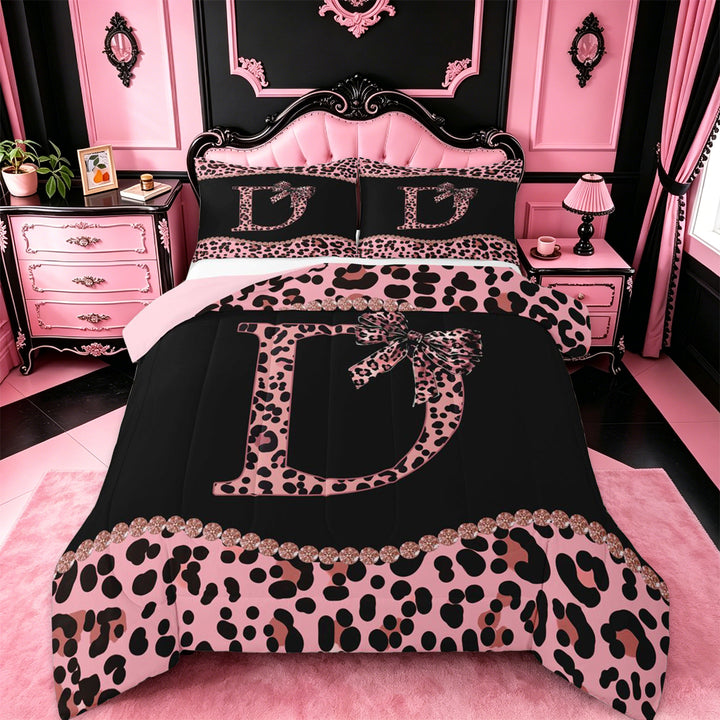 meiyoeat Leopard Pattern Alphabet D Print Full Size Comforter Sets For Girls,Pink Chic Bow Tie Bedding Sets For Kids,pink Reversible,3 Pieces