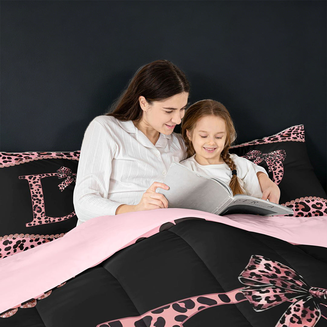 meiyoeat Leopard Pattern Alphabet D Print Full Size Comforter Sets For Girls,Pink Chic Bow Tie Bedding Sets For Kids,pink Reversible,3 Pieces