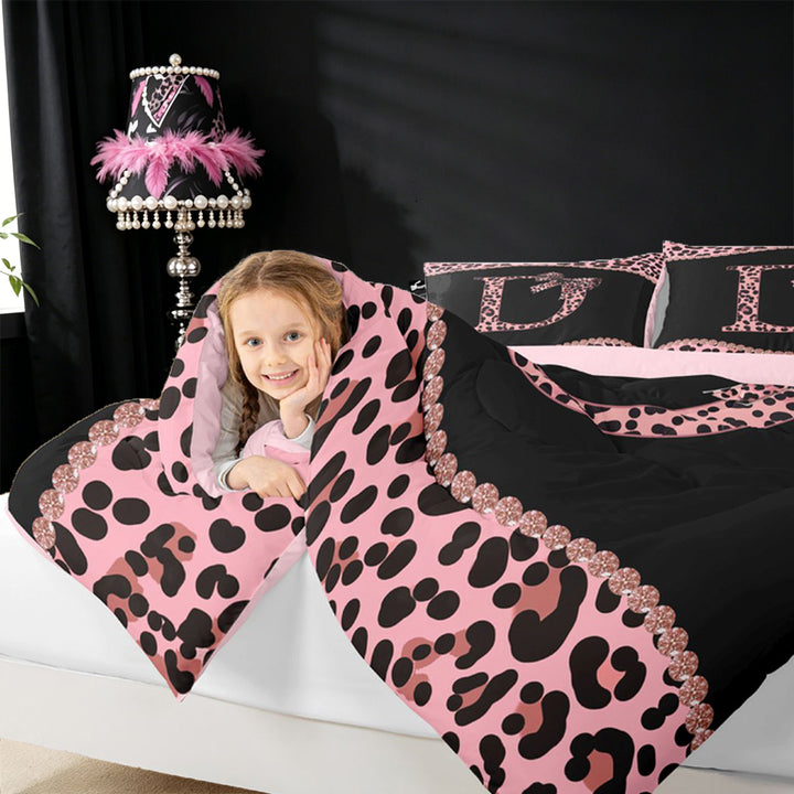 meiyoeat Leopard Pattern Alphabet D Print Full Size Comforter Sets For Girls,Pink Chic Bow Tie Bedding Sets For Kids,pink Reversible,3 Pieces