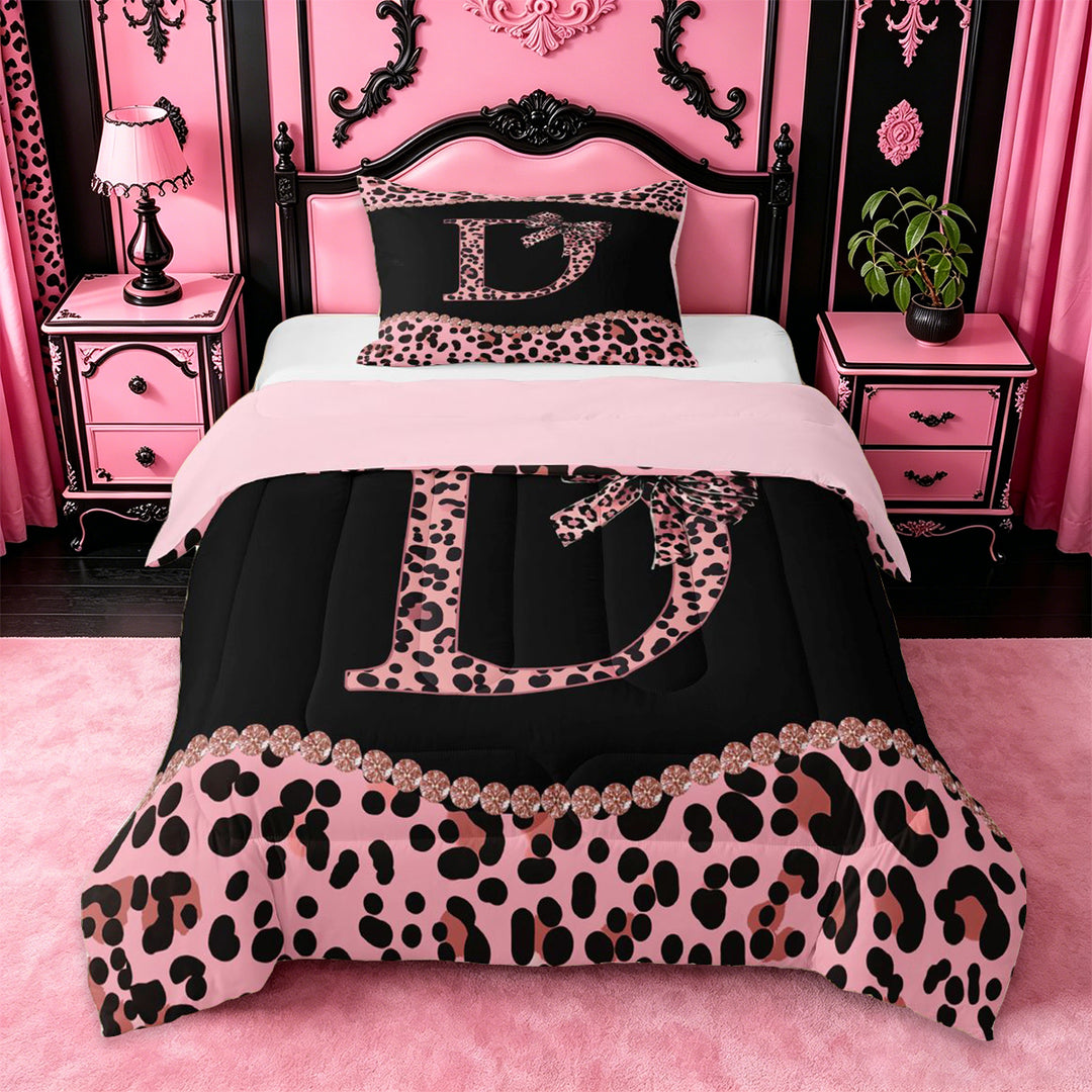 meiyoeat Leopard Pattern Alphabet D Print Full Size Comforter Sets For Girls,Pink Chic Bow Tie Bedding Sets For Kids,pink Reversible,3 Pieces
