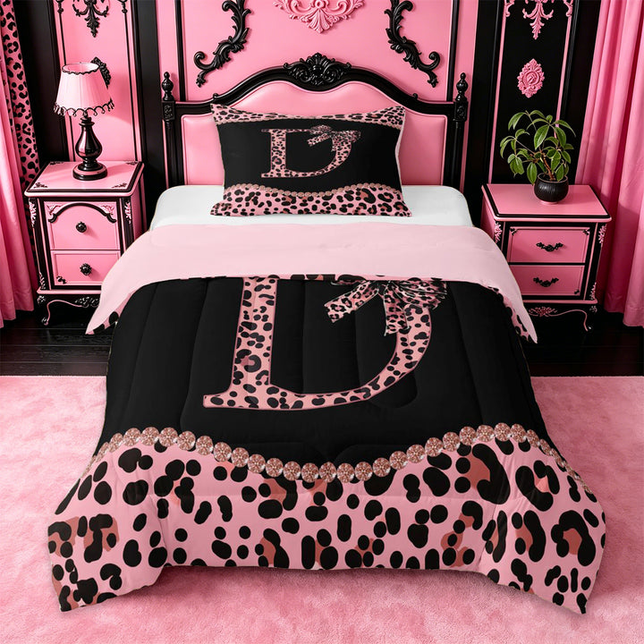 meiyoeat Leopard Pattern Alphabet D Print Full Size Comforter Sets For Girls,Pink Chic Bow Tie Bedding Sets For Kids,pink Reversible,3 Pieces
