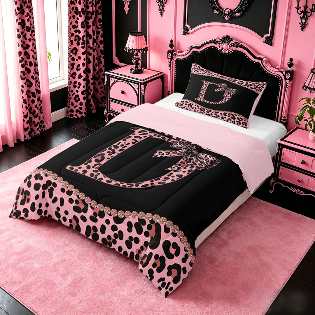 meiyoeat Leopard Pattern Alphabet D Print Full Size Comforter Sets For Girls,Pink Chic Bow Tie Bedding Sets For Kids,pink Reversible,3 Pieces