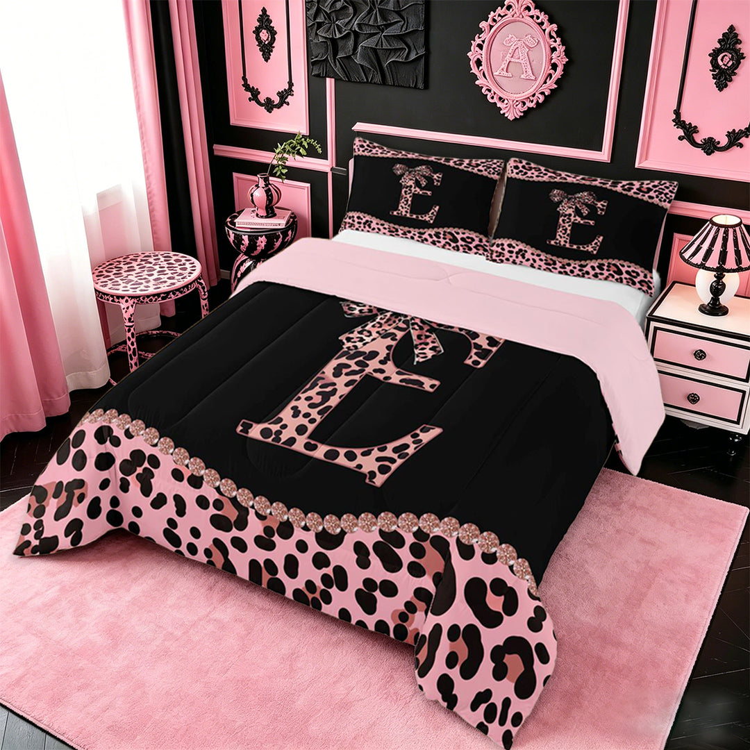 meiyoeat Girls Personalized Monogram Gifts Full Size Comforter Sets For Leopard Print Lovers,Pink Cheetah Bowknot Letter E Bedding Sets For Kids,pink Reversible,3pcs