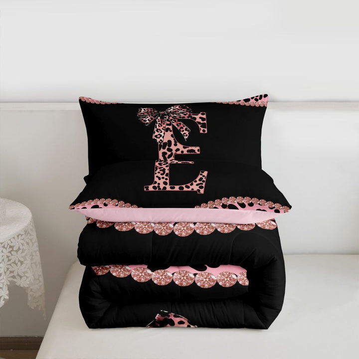 meiyoeat Girls Personalized Monogram Gifts Full Size Comforter Sets For Leopard Print Lovers,Pink Cheetah Bowknot Letter E Bedding Sets For Kids,pink Reversible,3pcs