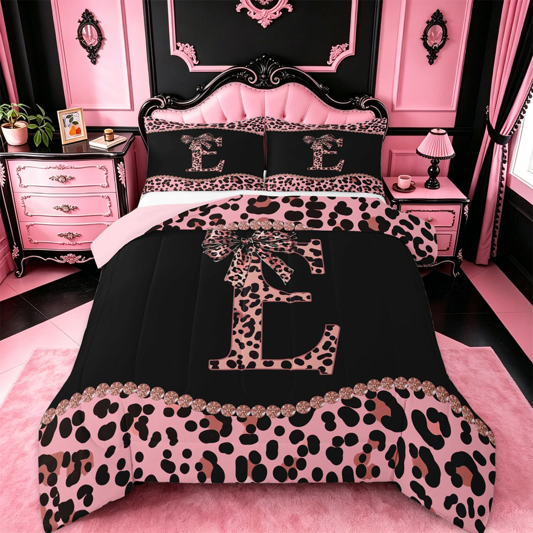 meiyoeat Girls Personalized Monogram Gifts Full Size Comforter Sets For Leopard Print Lovers,Pink Cheetah Bowknot Letter E Bedding Sets For Kids,pink Reversible,3pcs
