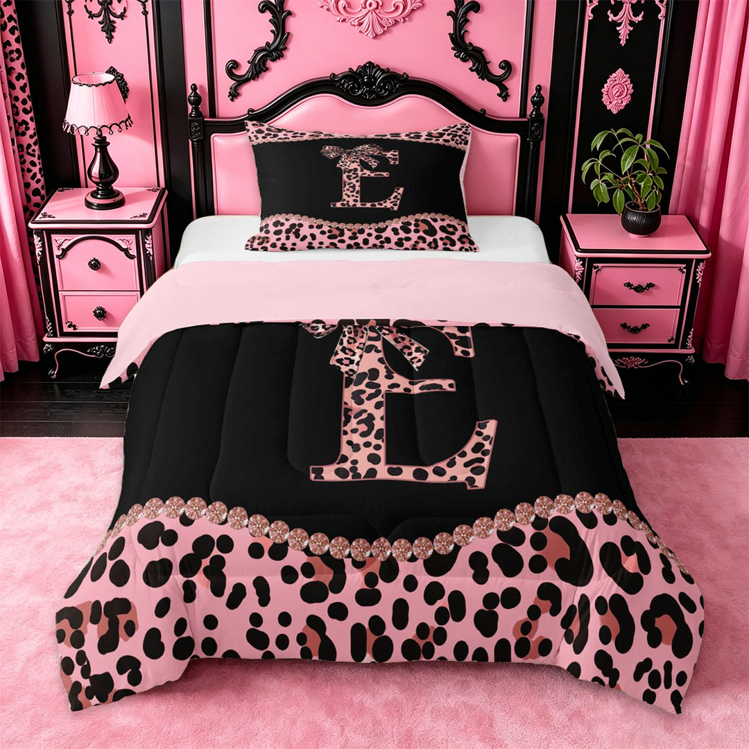 meiyoeat Girls Personalized Monogram Gifts Full Size Comforter Sets For Leopard Print Lovers,Pink Cheetah Bowknot Letter E Bedding Sets For Kids,pink Reversible,3pcs