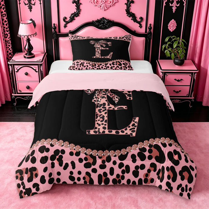 meiyoeat Girls Personalized Monogram Gifts Full Size Comforter Sets For Leopard Print Lovers,Pink Cheetah Bowknot Letter E Bedding Sets For Kids,pink Reversible,3pcs