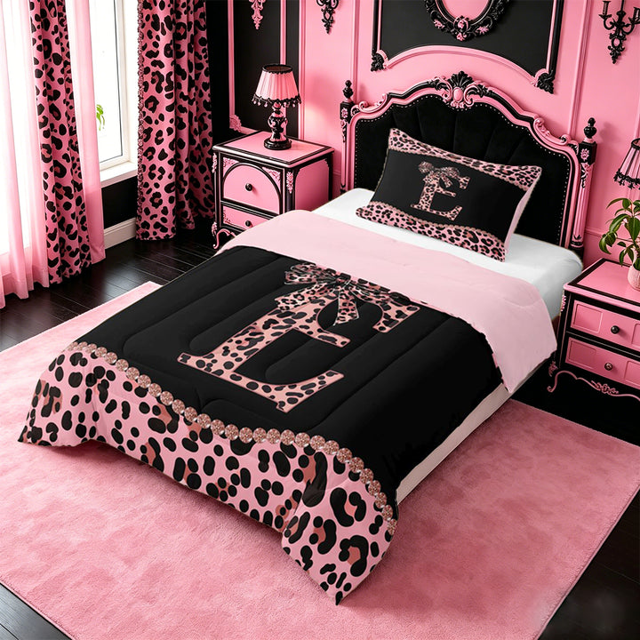 meiyoeat Girls Personalized Monogram Gifts Full Size Comforter Sets For Leopard Print Lovers,Pink Cheetah Bowknot Letter E Bedding Sets For Kids,pink Reversible,3pcs