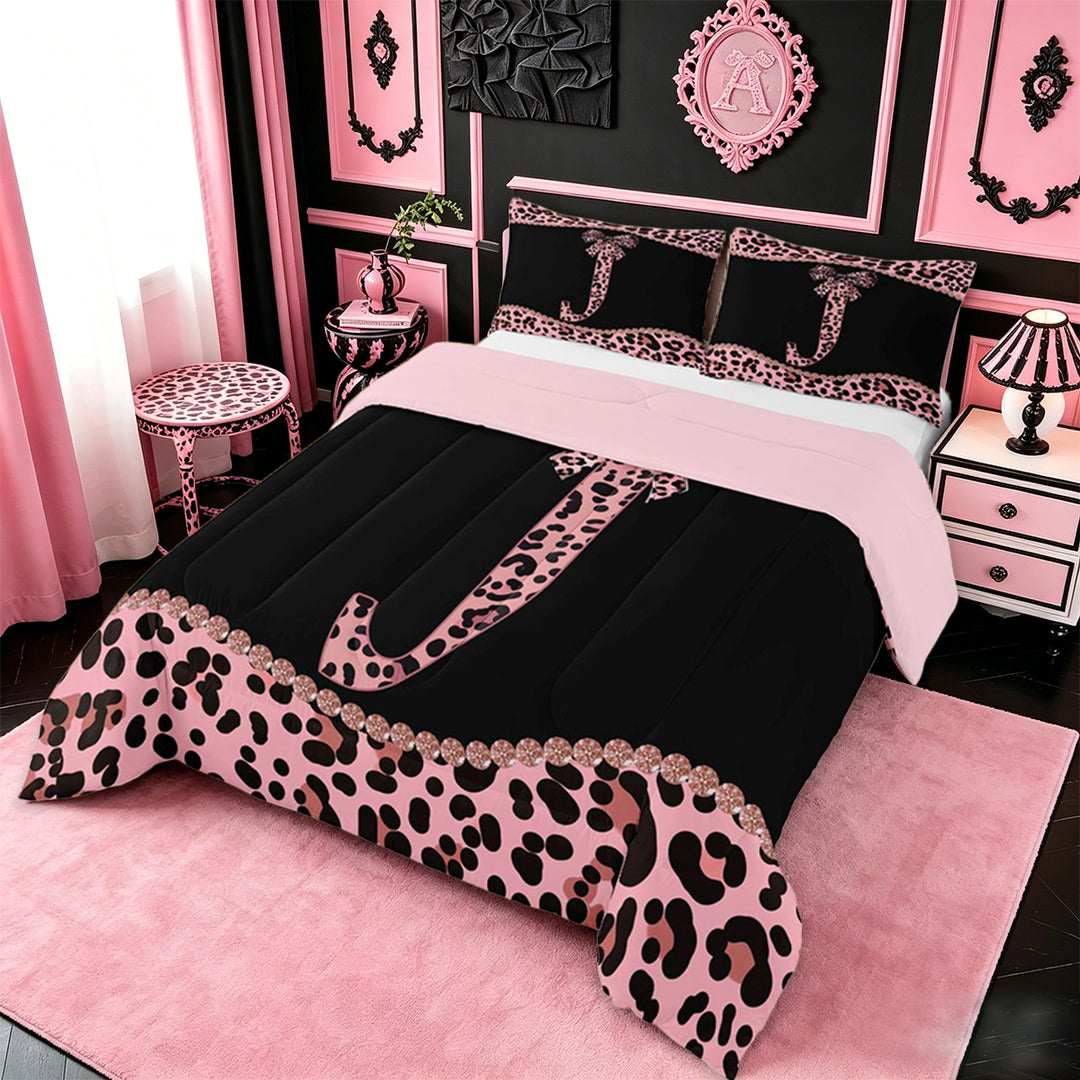 meiyoeat Girly Leopard Bowknot Full Size Comforter Sets For Bow Lover,Pink Cheetah Print Monogrammed J Theme Bedding Sets For Kids,pink Reversible,3 Pieces