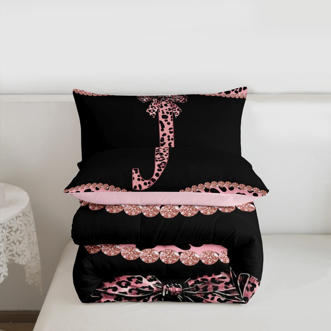 meiyoeat Girly Leopard Bowknot Full Size Comforter Sets For Bow Lover,Pink Cheetah Print Monogrammed J Theme Bedding Sets For Kids,pink Reversible,3 Pieces