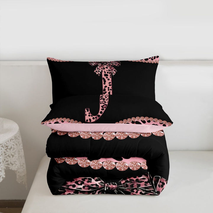 meiyoeat Girly Leopard Bowknot Full Size Comforter Sets For Bow Lover,Pink Cheetah Print Monogrammed J Theme Bedding Sets For Kids,pink Reversible,3 Pieces