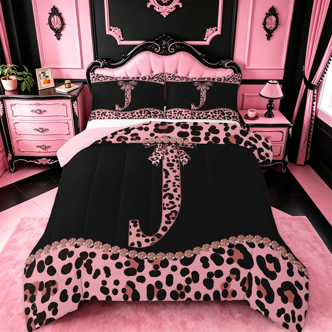 meiyoeat Girly Leopard Bowknot Full Size Comforter Sets For Bow Lover,Pink Cheetah Print Monogrammed J Theme Bedding Sets For Kids,pink Reversible,3 Pieces