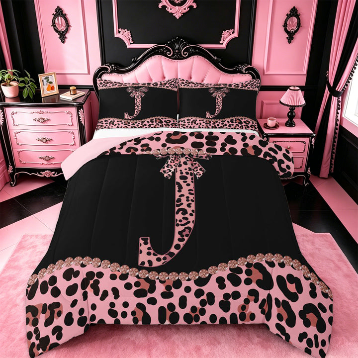 meiyoeat Girly Leopard Bowknot Full Size Comforter Sets For Bow Lover,Pink Cheetah Print Monogrammed J Theme Bedding Sets For Kids,pink Reversible,3 Pieces