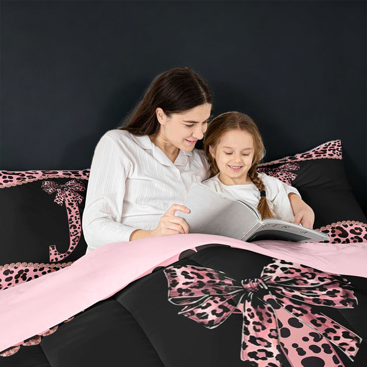 meiyoeat Girly Leopard Bowknot Full Size Comforter Sets For Bow Lover,Pink Cheetah Print Monogrammed J Theme Bedding Sets For Kids,pink Reversible,3 Pieces
