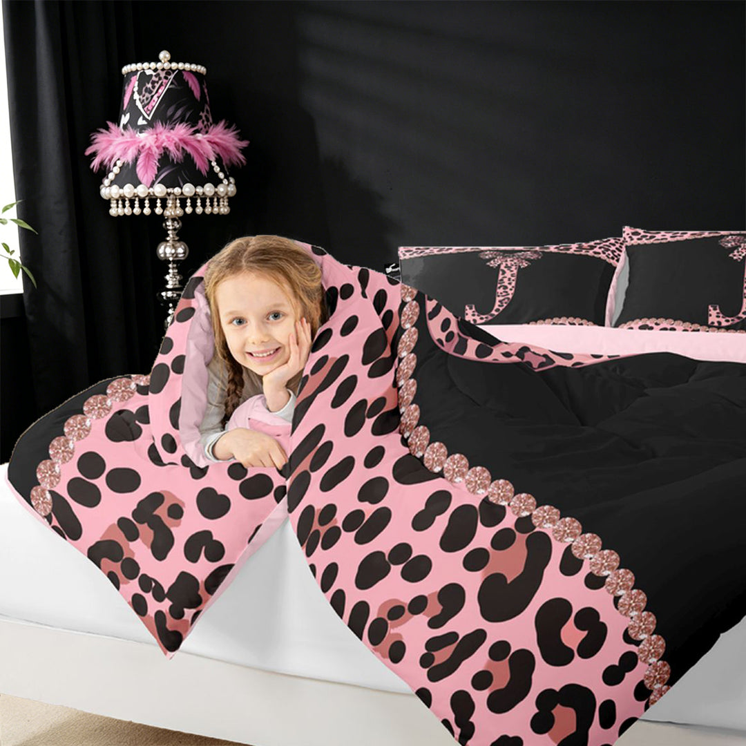 meiyoeat Girly Leopard Bowknot Full Size Comforter Sets For Bow Lover,Pink Cheetah Print Monogrammed J Theme Bedding Sets For Kids,pink Reversible,3 Pieces