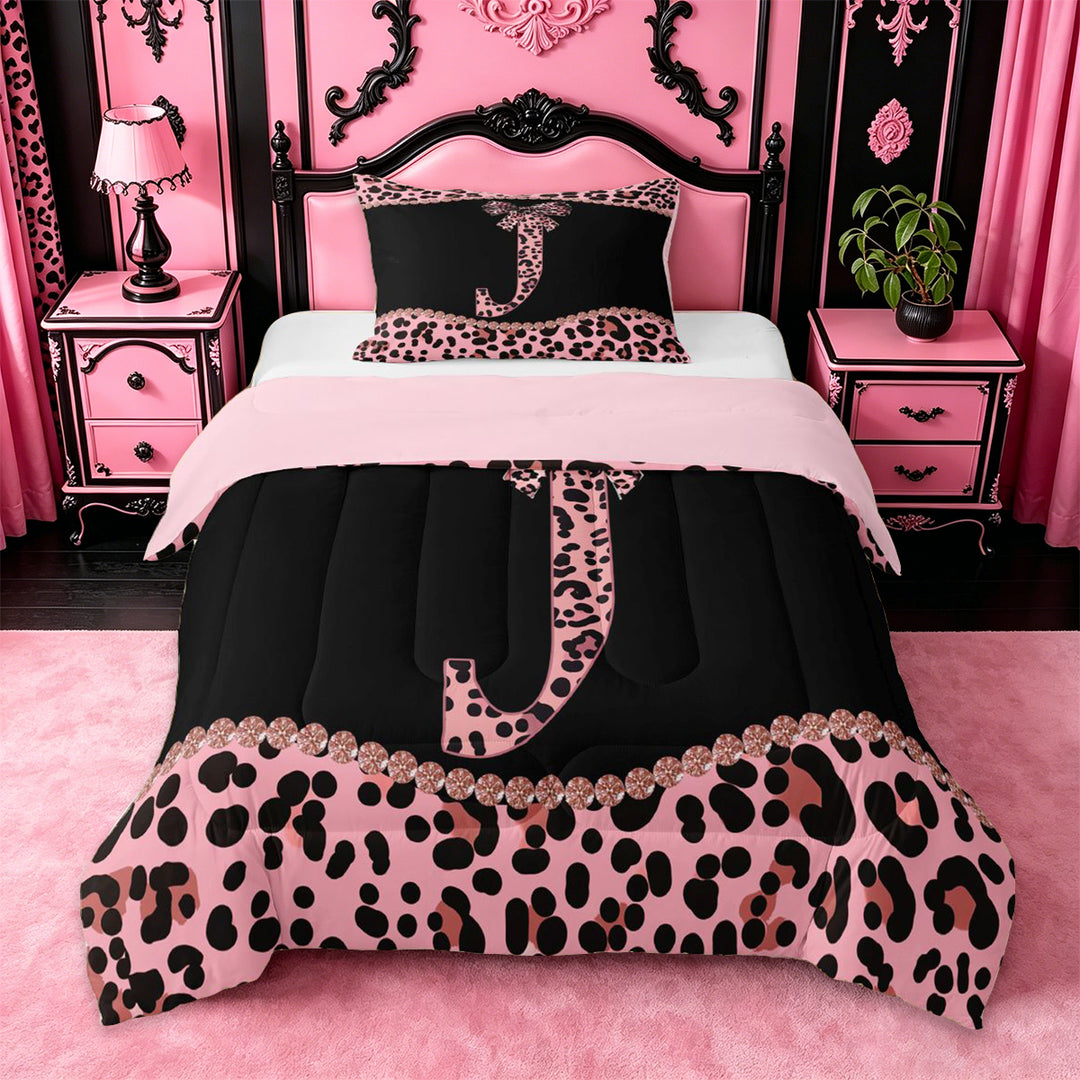 meiyoeat Girly Leopard Bowknot Full Size Comforter Sets For Bow Lover,Pink Cheetah Print Monogrammed J Theme Bedding Sets For Kids,pink Reversible,3 Pieces