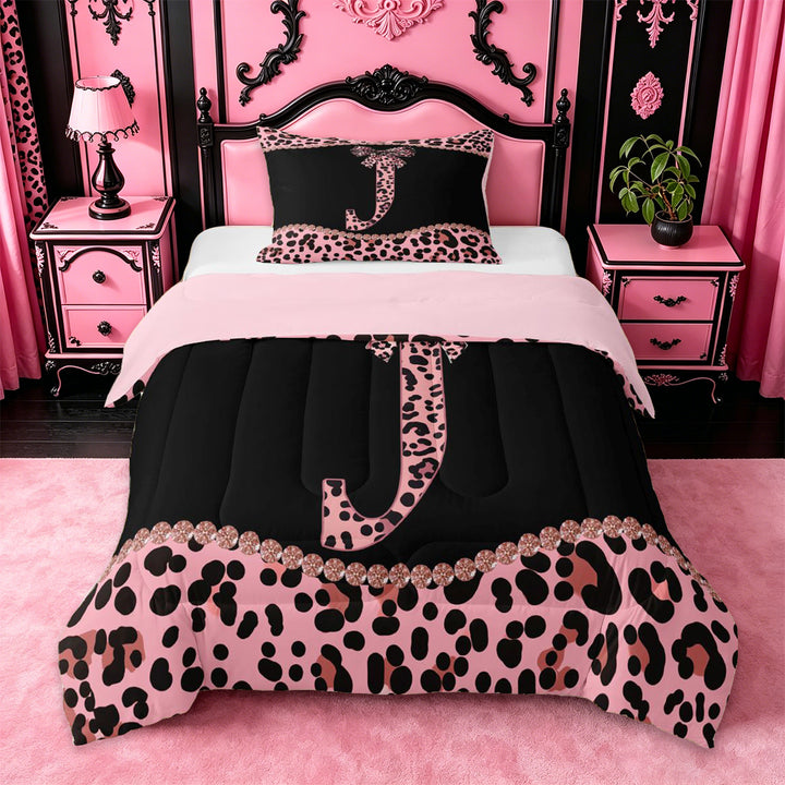 meiyoeat Girly Leopard Bowknot Full Size Comforter Sets For Bow Lover,Pink Cheetah Print Monogrammed J Theme Bedding Sets For Kids,pink Reversible,3 Pieces