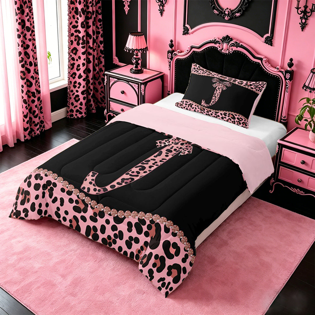 meiyoeat Girly Leopard Bowknot Full Size Comforter Sets For Bow Lover,Pink Cheetah Print Monogrammed J Theme Bedding Sets For Kids,pink Reversible,3 Pieces