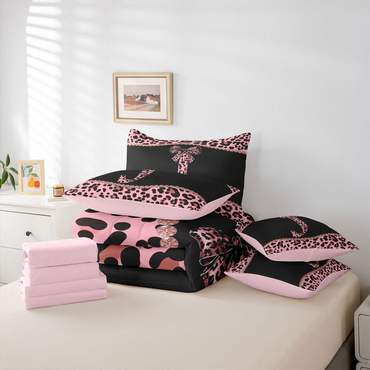meiyoeat Girly Leopard Bowknot 7 Pieces Bedding Comforter Set For Bow Lover,Pink Cheetah Print Monogrammed J Theme Full Bedding Set For Kids,pink Reversible