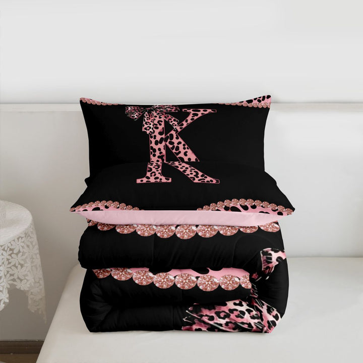 meiyoeat Classic Cheetah Print Full Size Comforter Sets For Kids,Pink Bow Initial Letter K Bedding Sets For Girls,pink Reversible,3pcs